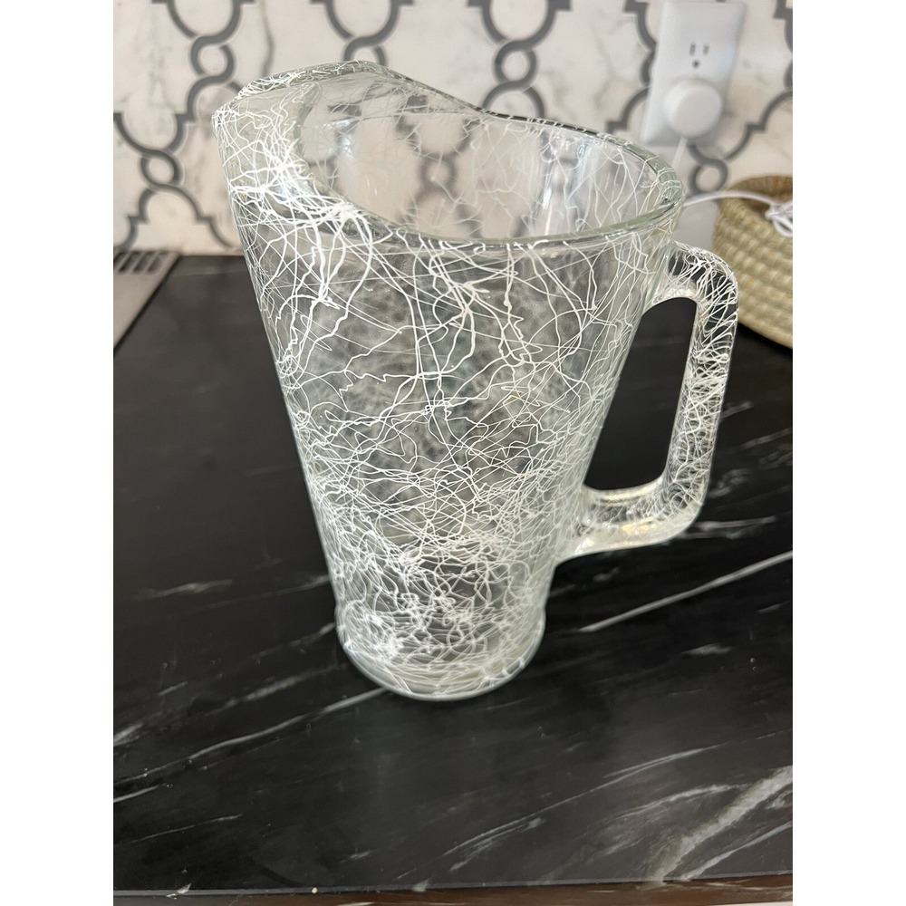Spaghetti String GLASS Pitcher 9" Clear White LIP VINTAGE MCM